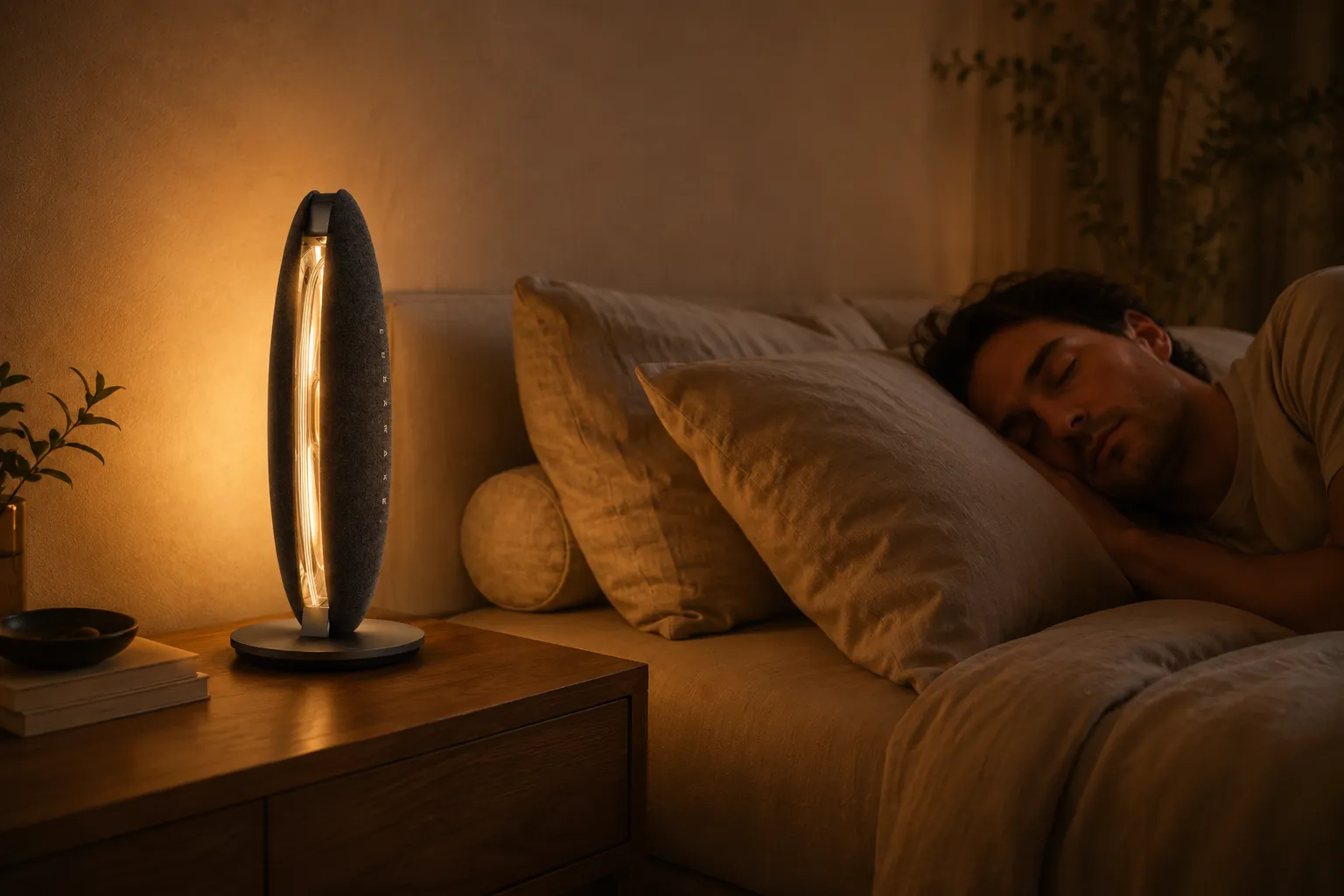 LunaWake glowing beside a sleeping person on a bedside table