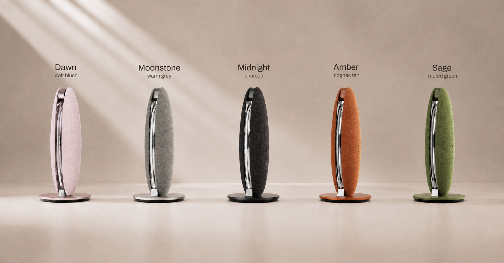 LunaWake finishes: Dawn, Moonstone, Midnight, Amber, and Sage